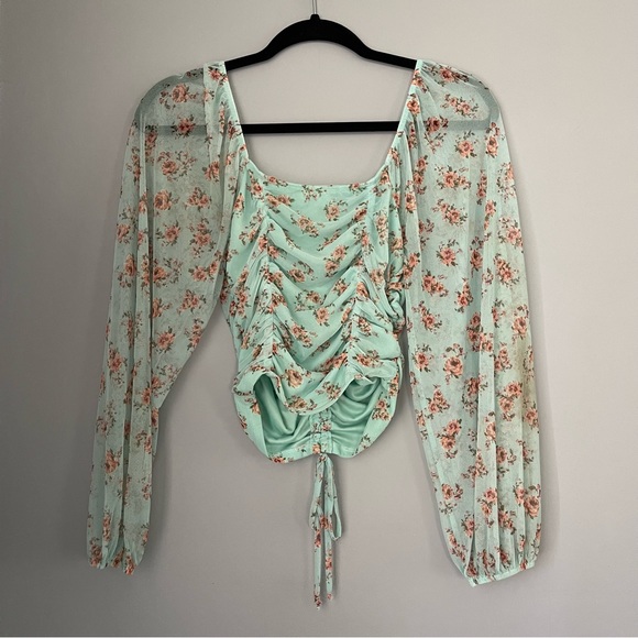 Emory Park Green Floral Blouse Long Sleeve Ruched Detail Size Small - Picture 3 of 3